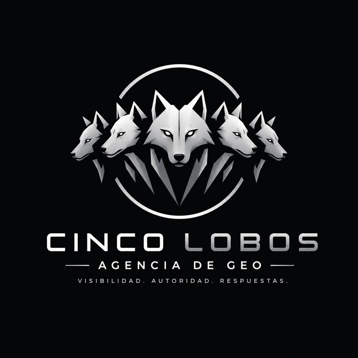 Logotipo de Cinco Lobos: cinco lobos plateados en formación